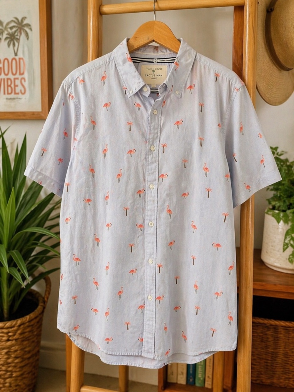 Cactus Man Blue Flamingo Print Button Down Shirt | Tropical Casual Short Sleeve
